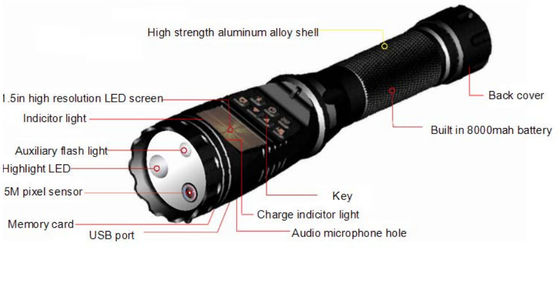 H.264 Police Security Latarka DVR Wielofunkcyjna bateria 8000 mAh Zatwierdzona przez CE
